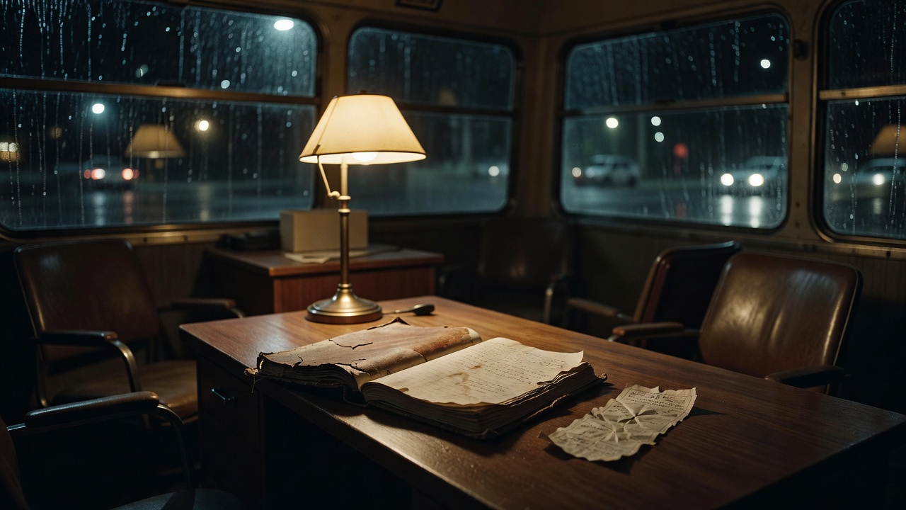 雨夜公交调度站内景，冷暖光线交织，桌面放着值班记录本与旧车票，无人物特写
