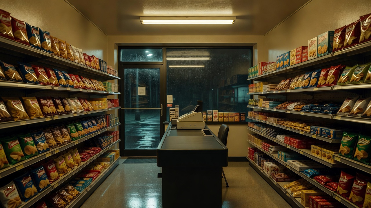 夜间便利店柜台与货架的暖色灯光，对应夜福利在线的主要场景氛围